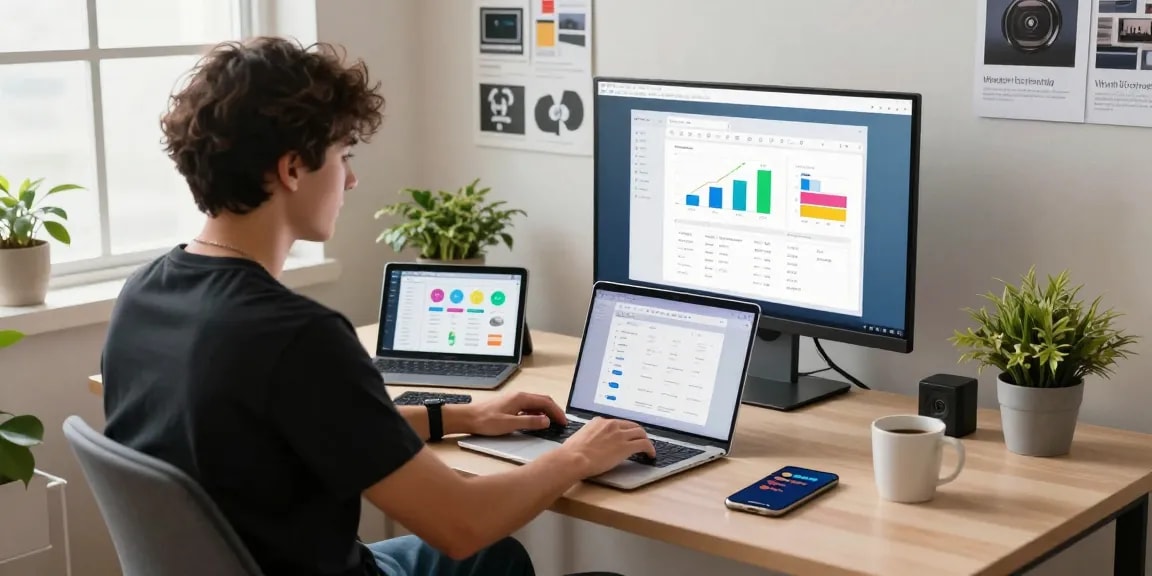 Focused developer downloading WPS Download on a laptop in a modern workspace.