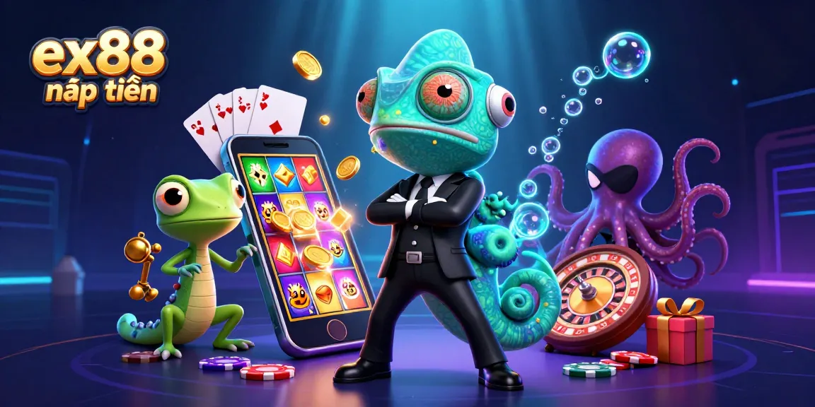 Experience the thrill of ex88 nạp tiền with a dynamic scene featuring casino elements and playful characters.