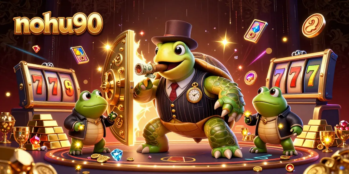 Nohu90 casino excitement with a snapping turtle mobster and bullfrogs surrounded by dazzling treasures.