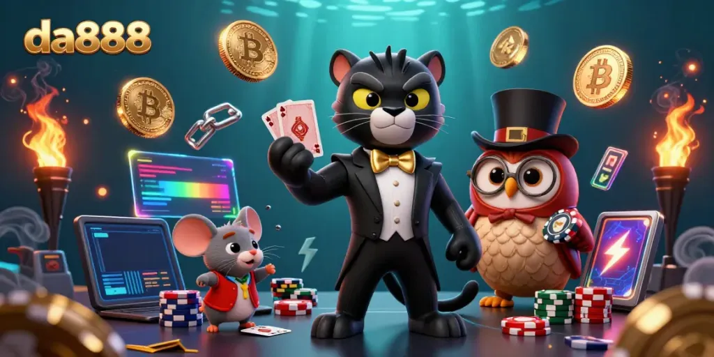 Experience thrilling games at da888 with stylish characters engaging in card play surrounded by cryptocurrency elements.