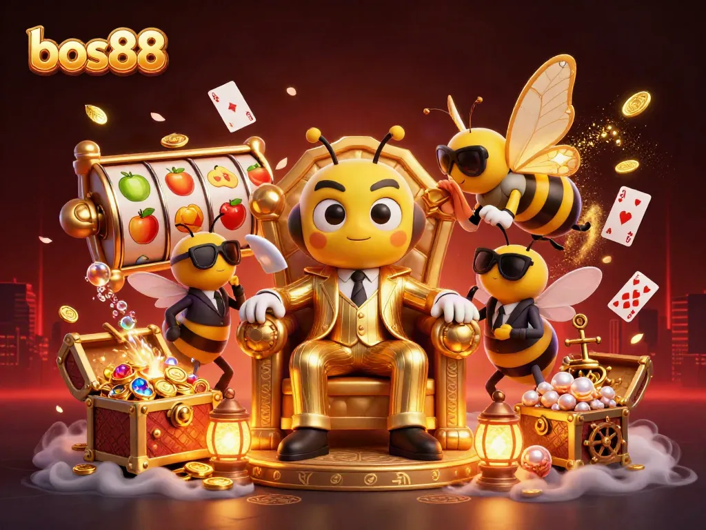 Bettors explore bos88's thrilling world of slots and gaming with vibrant cartoon characters in an action-packed scene.