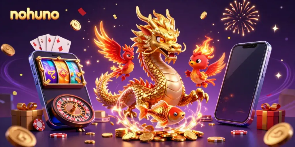 Experience the thrill of nohuno with vibrant dragons, phoenixes, and a shower of gold coins!