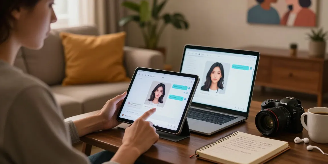 Engaging with a girlfriend AI on a tablet in a cozy home setting.