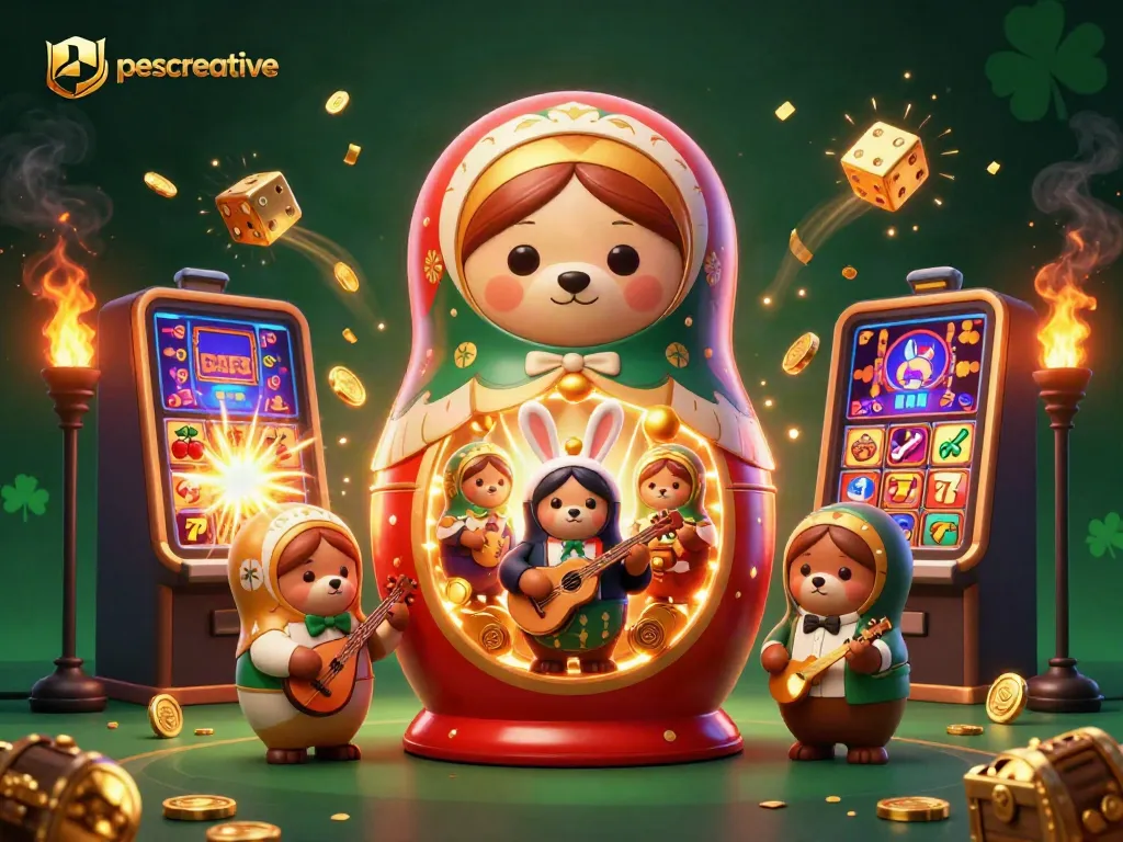 Engaging scene of pescreative featuring cartoon Matryoshka bear and smaller bears in casino themes with vibrant slot machine and gold