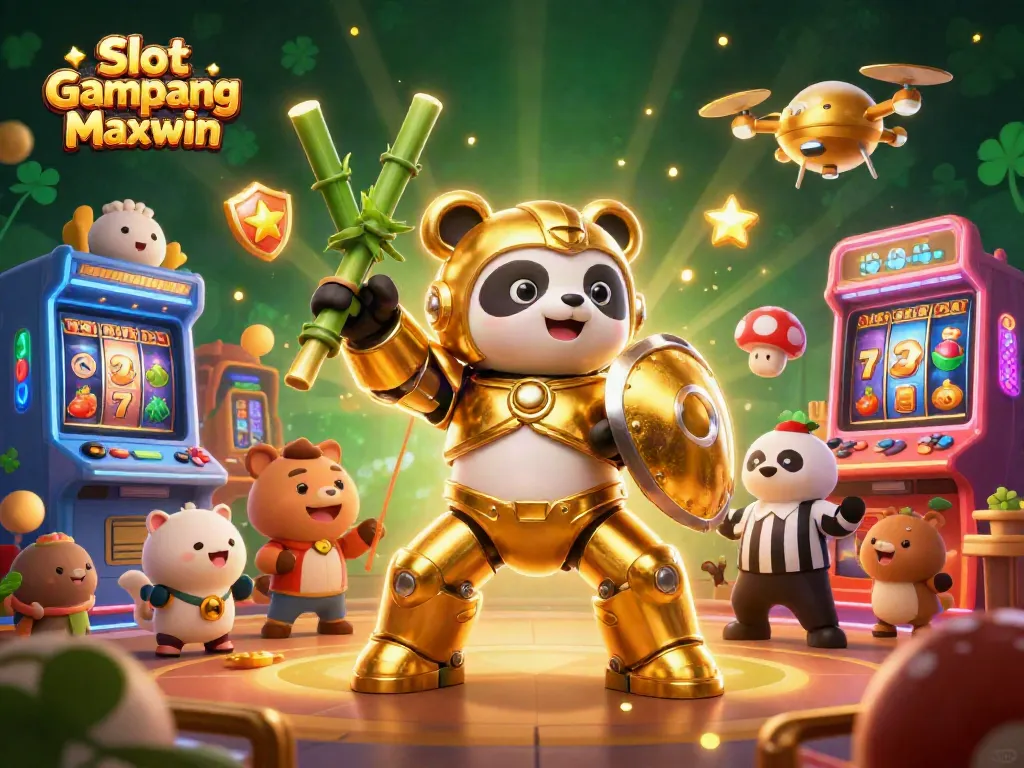 Experience Slot Gampang Maxwin in vibrant 3D with colorful slot machines and dynamic characters.