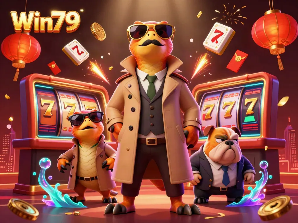 Experience thrilling jackpots at Win79 with a creative casino-themed illustration featuring cartoon raptors.