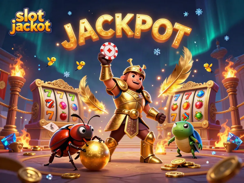 This vibrant scene depicts the slot jackpot theme with cartoon beetles amidst shining gold coins and slot symbols in a dynamic setting.