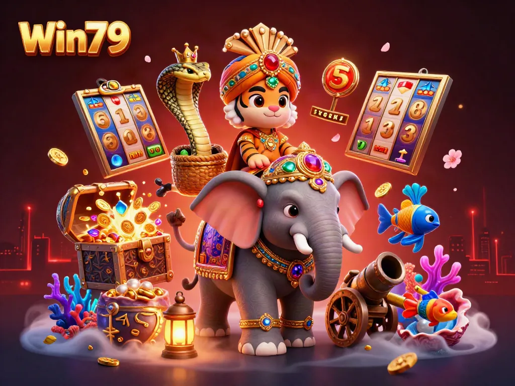 Win79 players engaging with vibrant games amidst a mystic casino setting featuring an ornate maharaja tiger.