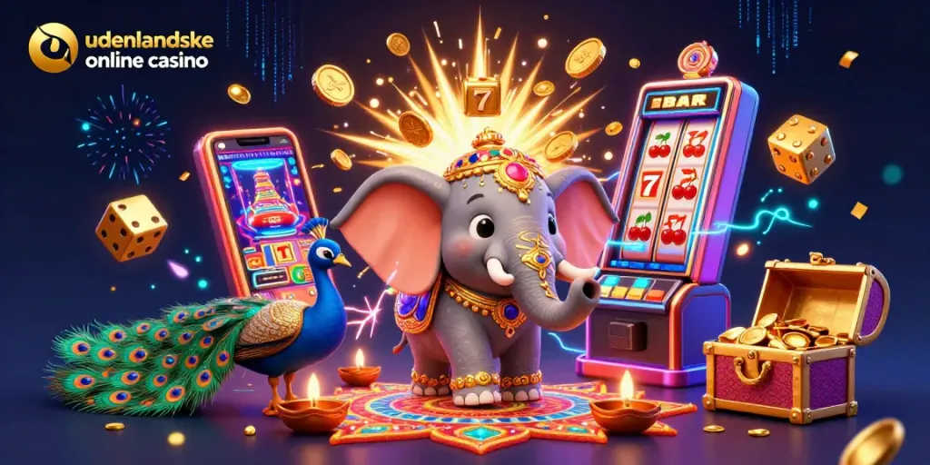 Experience the excitement of udenlandske online casino with this vibrant 3D scene capturing dynamic gameplay and festive elements.