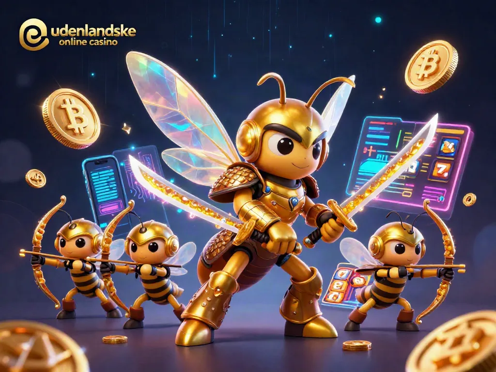 Engage with udenlandske online casino through a vibrant 3D illustration of a golden hornet in samurai armor amidst game elements.