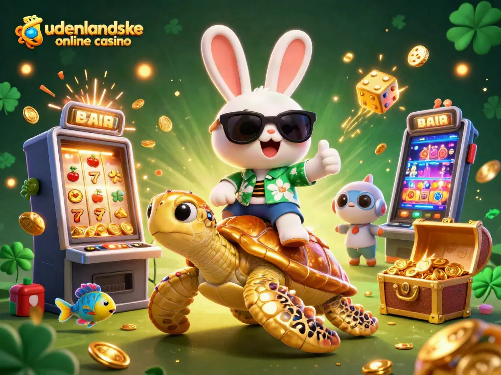 Engage with udenlandske online casino through a vibrant 3D illustration featuring a lucky rabbit and entertaining gaming elements.