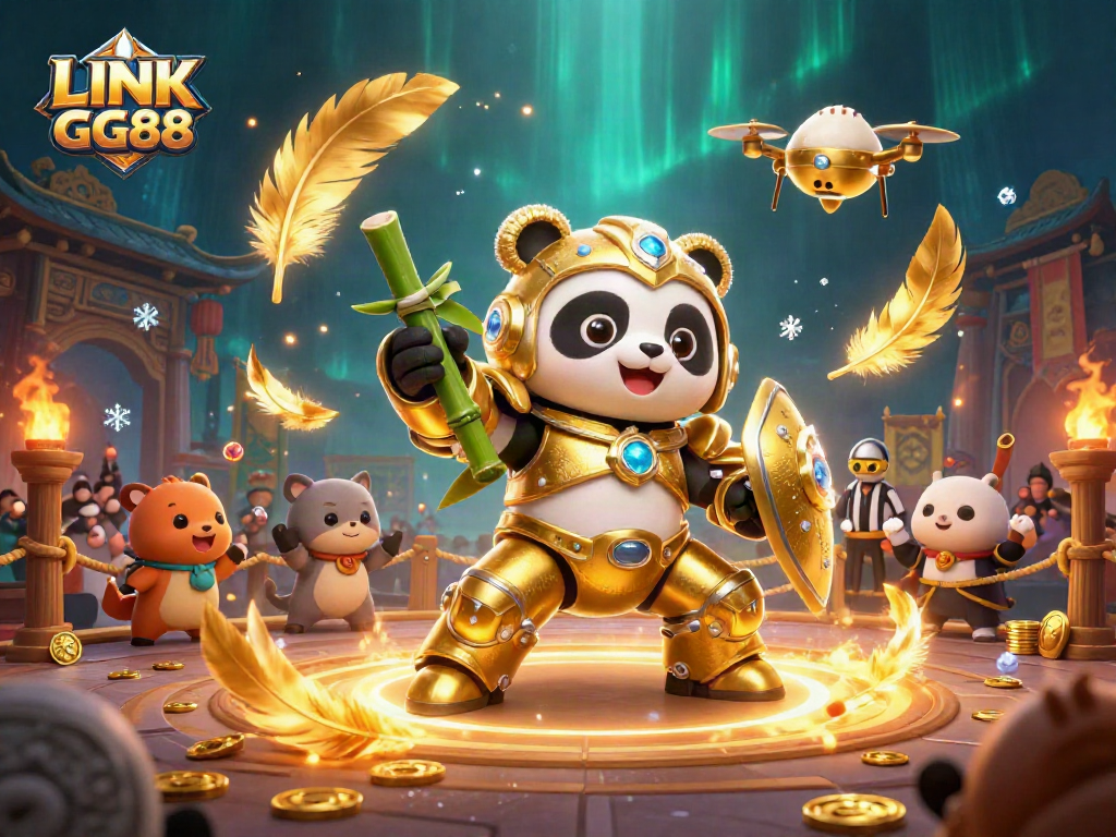 Bet on LINK GG88 with excitement as a golden panda battles in a thrilling casino arena.