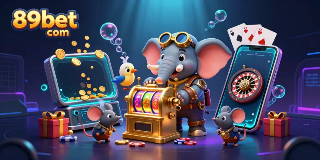 Engage with 89bet com in an exciting 3D cartoon casino scene featuring a steampunk elephant engineer.