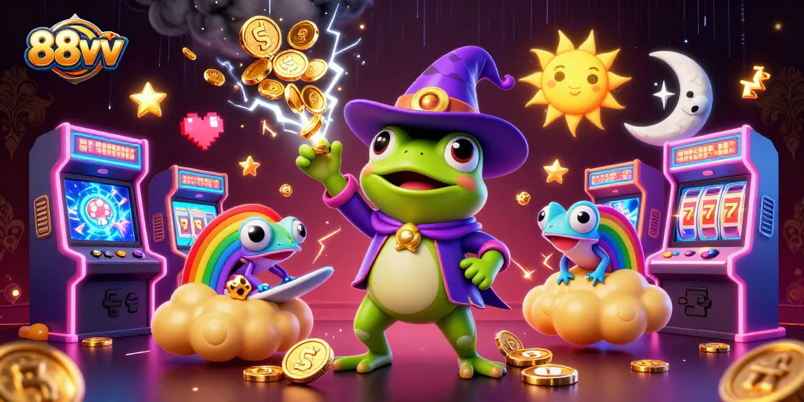 Engage with 88vv's vibrant gambling scene featuring a weather wizard frog and rainbow chameleon.