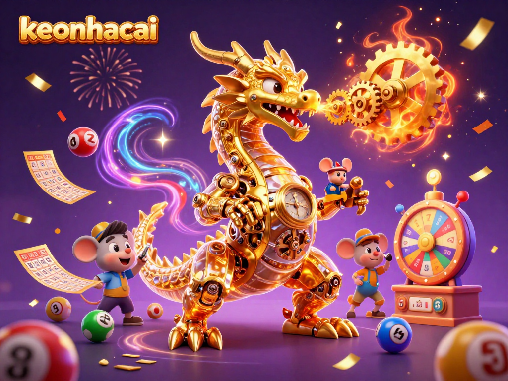 Experience the excitement of keonhacai with a dazzling 3D illustration showcasing vibrant game elements and unique characters.