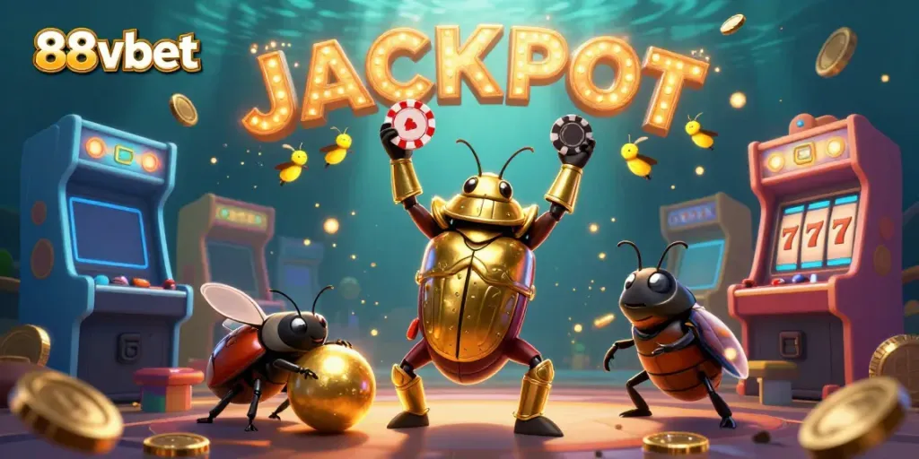 Experience the excitement of 88vbet with dynamic characters celebrating a casino jackpot, featuring colorful gaming elements.