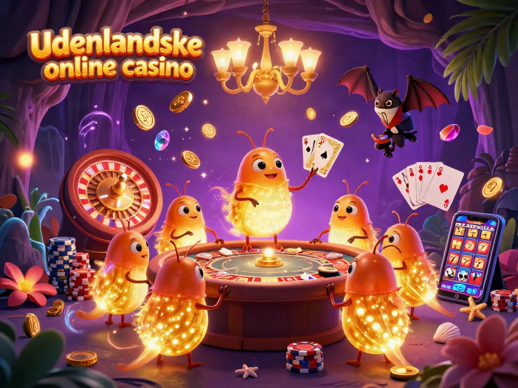 Experience the excitement of udenlandske online casino with animated glowworms in a vibrant cave casino.