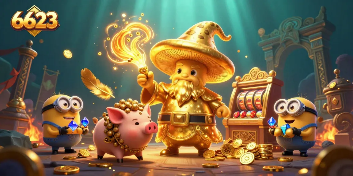 Engage with 6623’s enchanting slot experience featuring a wizard and treasure-hunting pig amidst vibrant game elements.