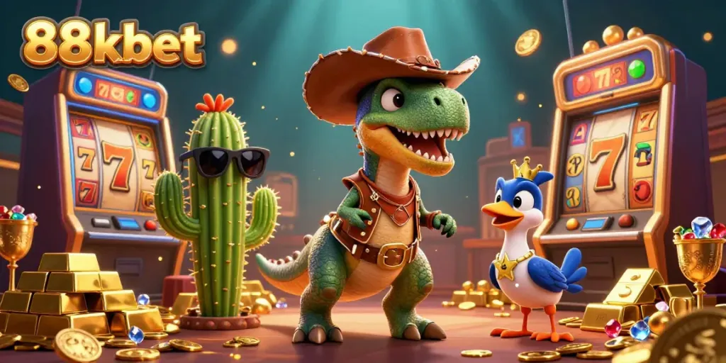 88kbet T-Rex cowboy spins a vibrant slot with golden jackpots and treasures.