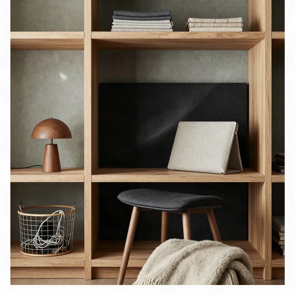 Mörk nordisk hemmastudio för distansjobb med hylla, stol, laptop och varm lampa i dramatiskt ljus.