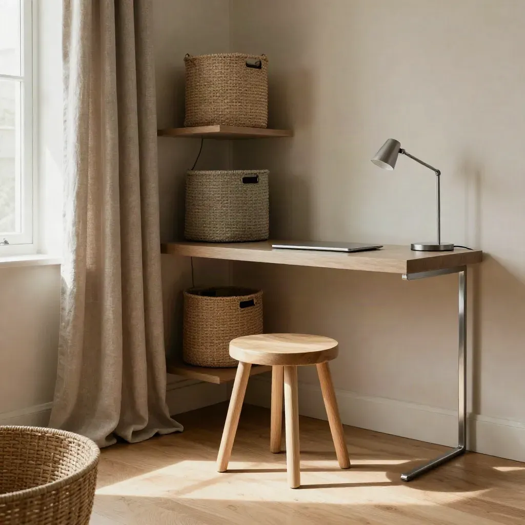 Hörna för distansarbete med hylla, korgar, linnedraperi och träpall i lugna naturtoner