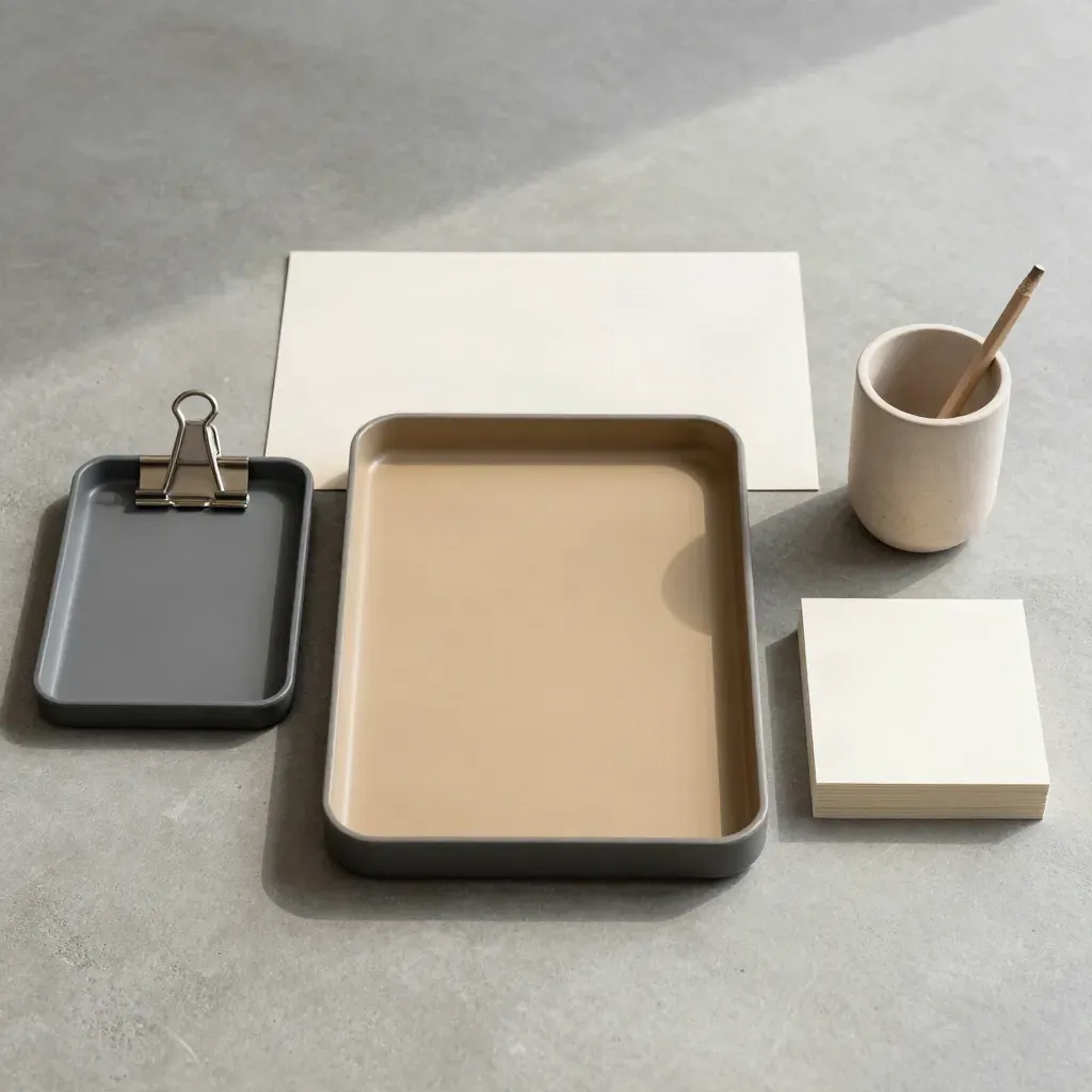 Överhead flatlay med arbetsbrickor, klämmor, pennmugg och kort i lugna naturtoner.