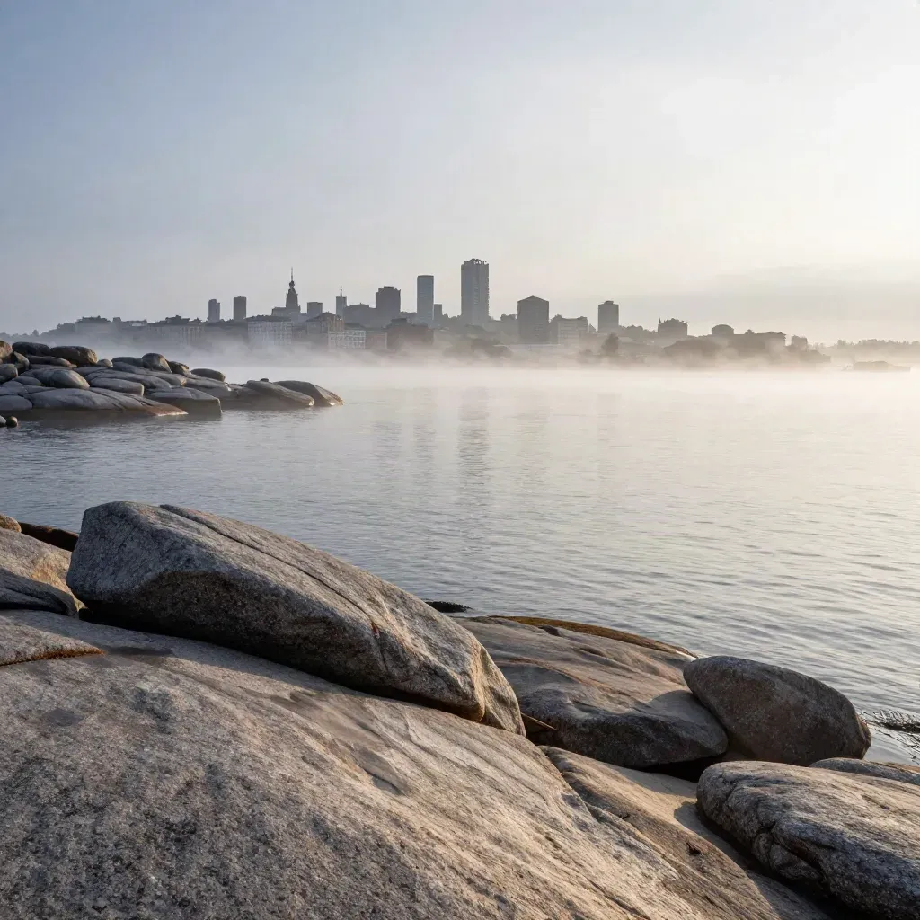 Stockholms skärgård med granitklippor, dimmig hamn och stilla vatten i blå timme.