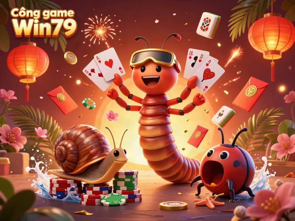 Experience thrilling gameplay at Cổng game Win79 with a vibrant scene featuring unique cartoon characters and rich casino elements.