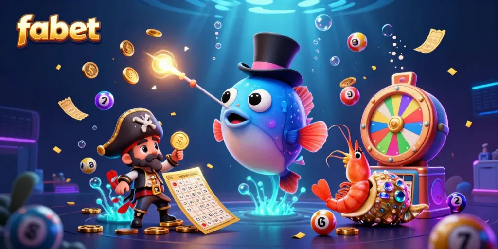 Catch golden coins and prizes at fabet with the anglerfish and shrimp in a vibrant undersea casino scene.