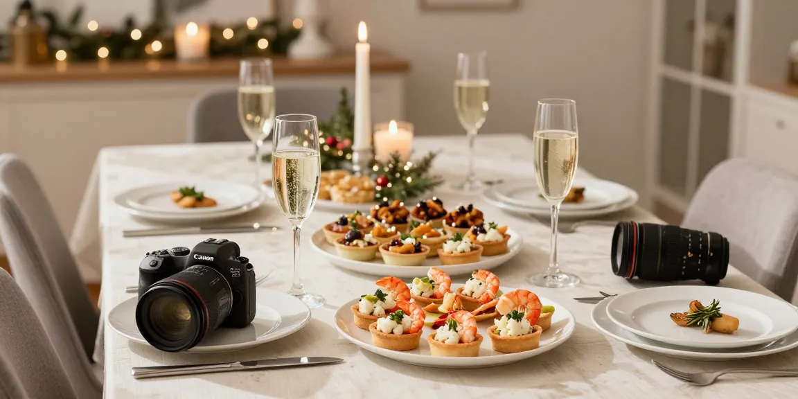 Förrätter till nyår på ett elegant dukat bord med festliga tillbehör
