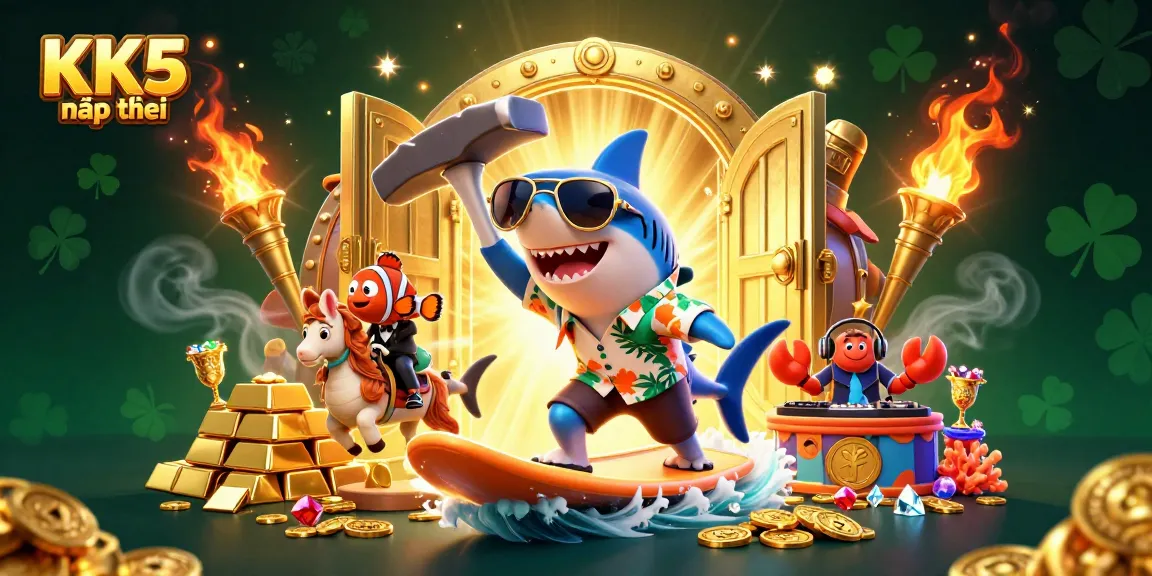 KK5 nạp tiền with a shark surfing gold coins surrounded by gems, showcasing a fun gambling experience.