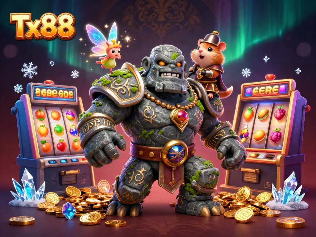 Experience the magic of Tx88 with a dynamic golem guardian, sparkling fairy, and hamster knight amidst vibrant casino elements.