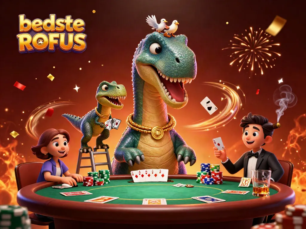 Experience the excitement at the bedste casino uden ROFUS with colorful poker chips and a giant brontosaurus!