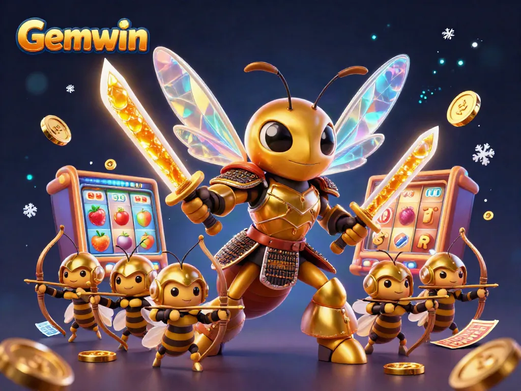 Engage with Gemwin's vibrant slots as a samurai hornet leads in a fantasy gambling scene.