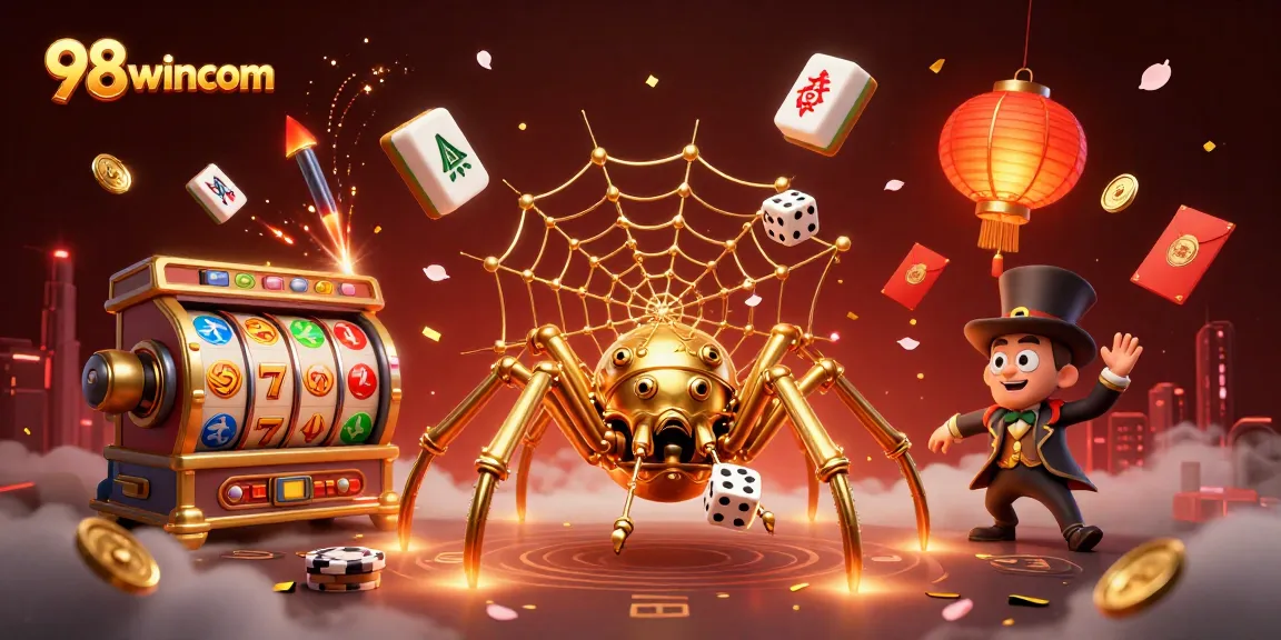 Engage with 98wincom's immersive casino world filled with vibrant slot reels and golden spider webs.