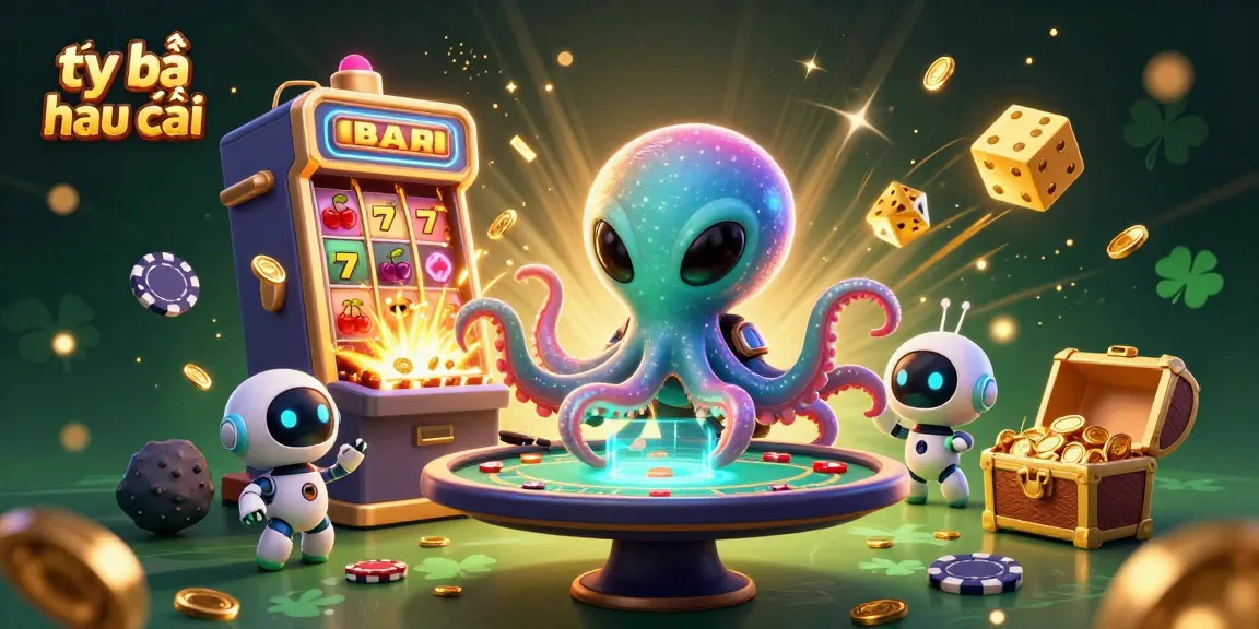 Engage with tỷ lệ nhà cái through this vibrant scene of an alien octopus and robot at a holographic poker table.