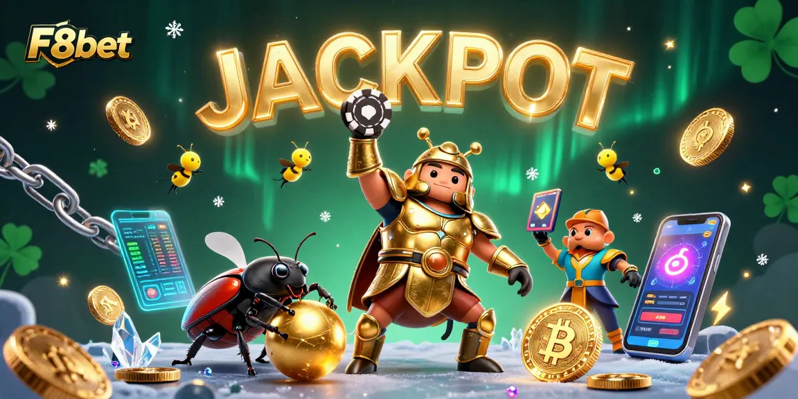 Experience the excitement of F8bet with vibrant 3D heroes celebrating a jackpot in a casino scene.