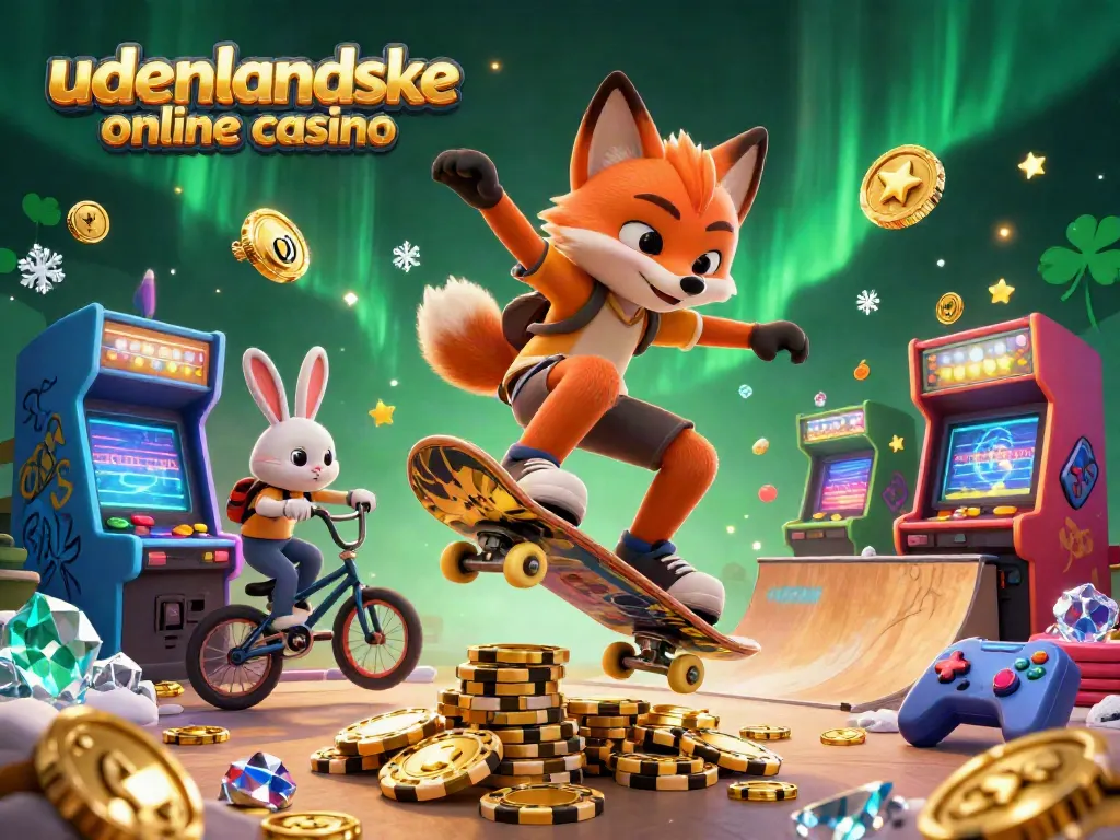 Experience excitement at udenlandske online casino with cartoon fox and rabbit amidst vibrant gaming elements.