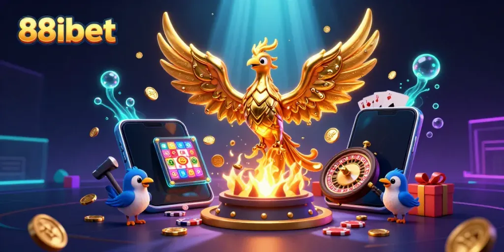 Experience vibrant gameplay at 88ibet, featuring golden phoenix and molten elements celebrating big wins.