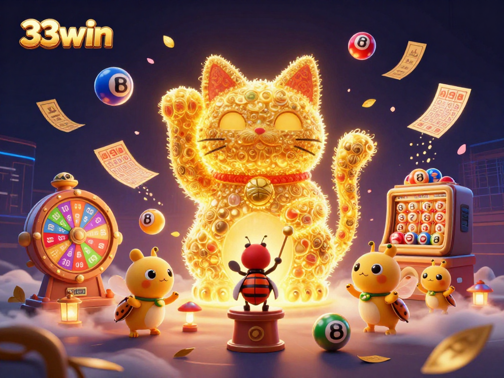 Engage with 33win's vibrant lucky cat and casino symbols in a dynamic lottery scene.