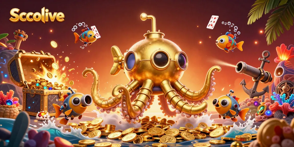 Socolive showcases a colorful underwater scene with a golden kraken submarine amidst treasure and casino elements.