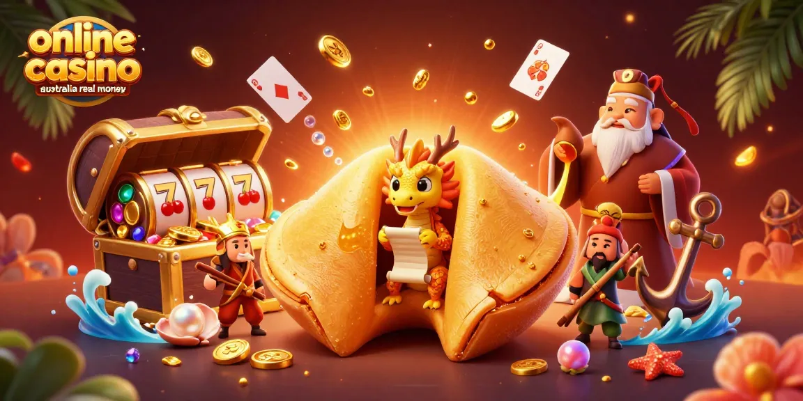 Engage at online casino australia real money with vibrant casino-themed 3D illustration featuring dragon, cookie, and slot games.