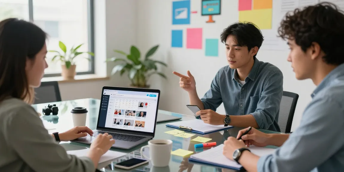 Three professionals using the Telegram web version in a modern office setting, brainstorming ideas collaboratively.