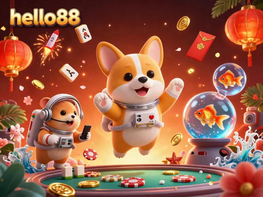 Experience exciting moments at hello88 in a colorful 3D space casino with vibrant gaming elements.