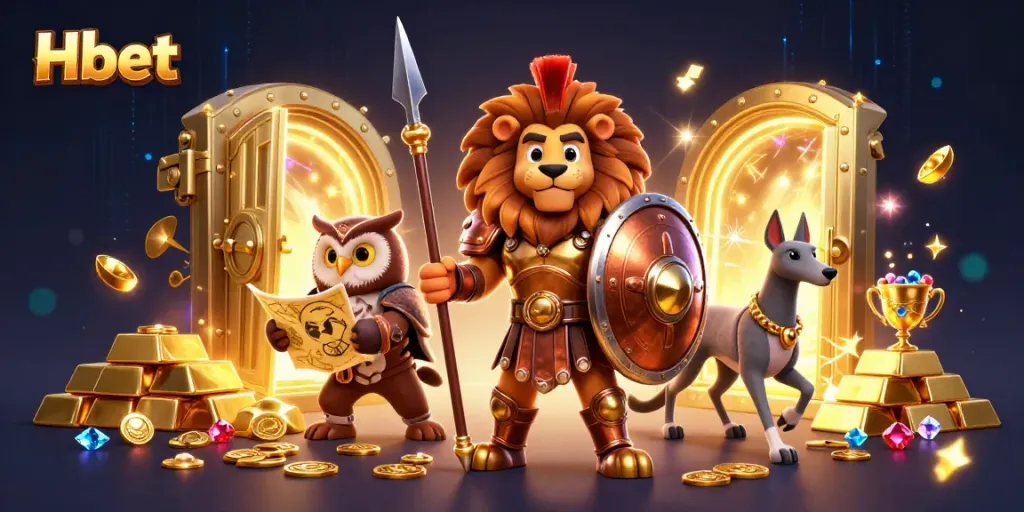 Experience exhilarating Hbet gameplay with a Spartan lion, owl strategist, and greyhound messenger in a treasure scene.